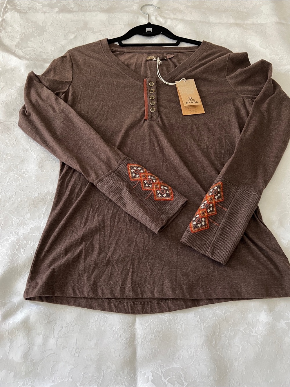 Prana Brown Long Sleeve Rosie Embroidered Henley Top